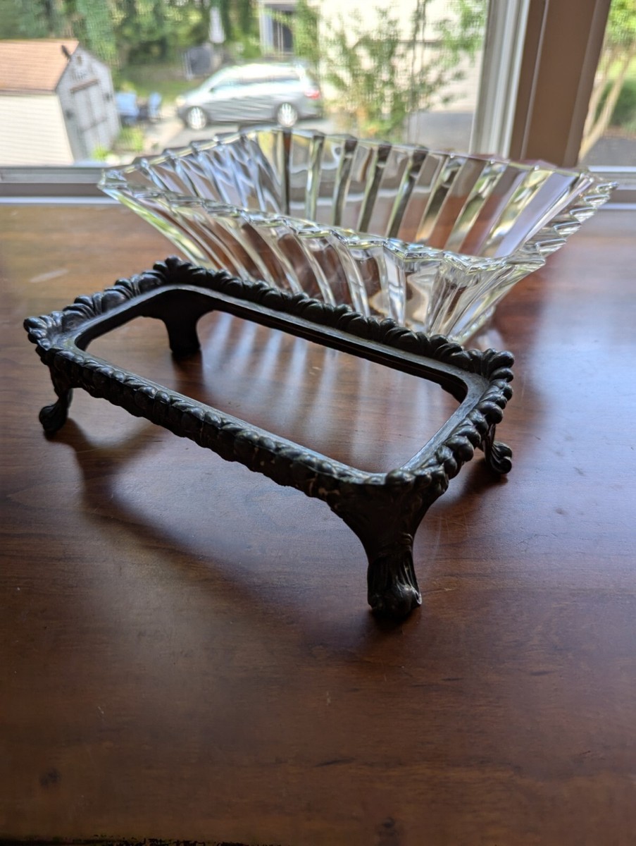 Vtg. F B Rogers Silver Co Footed Crystal Dish Fluted Silver