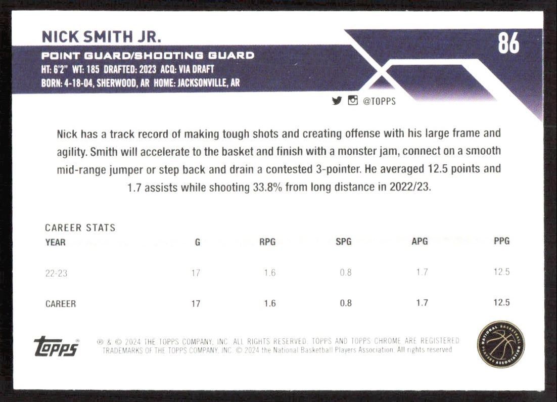 2024-25 6505E TOPPS CHROME PURPLE BASKETBALL REFRACTOR Nick Smith