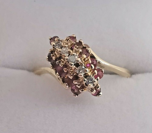 RUBY & DIAMOND CLUSTER GOLD RING 10ct yellow red & sparkly round cut gemstones - Picture 2 of 12