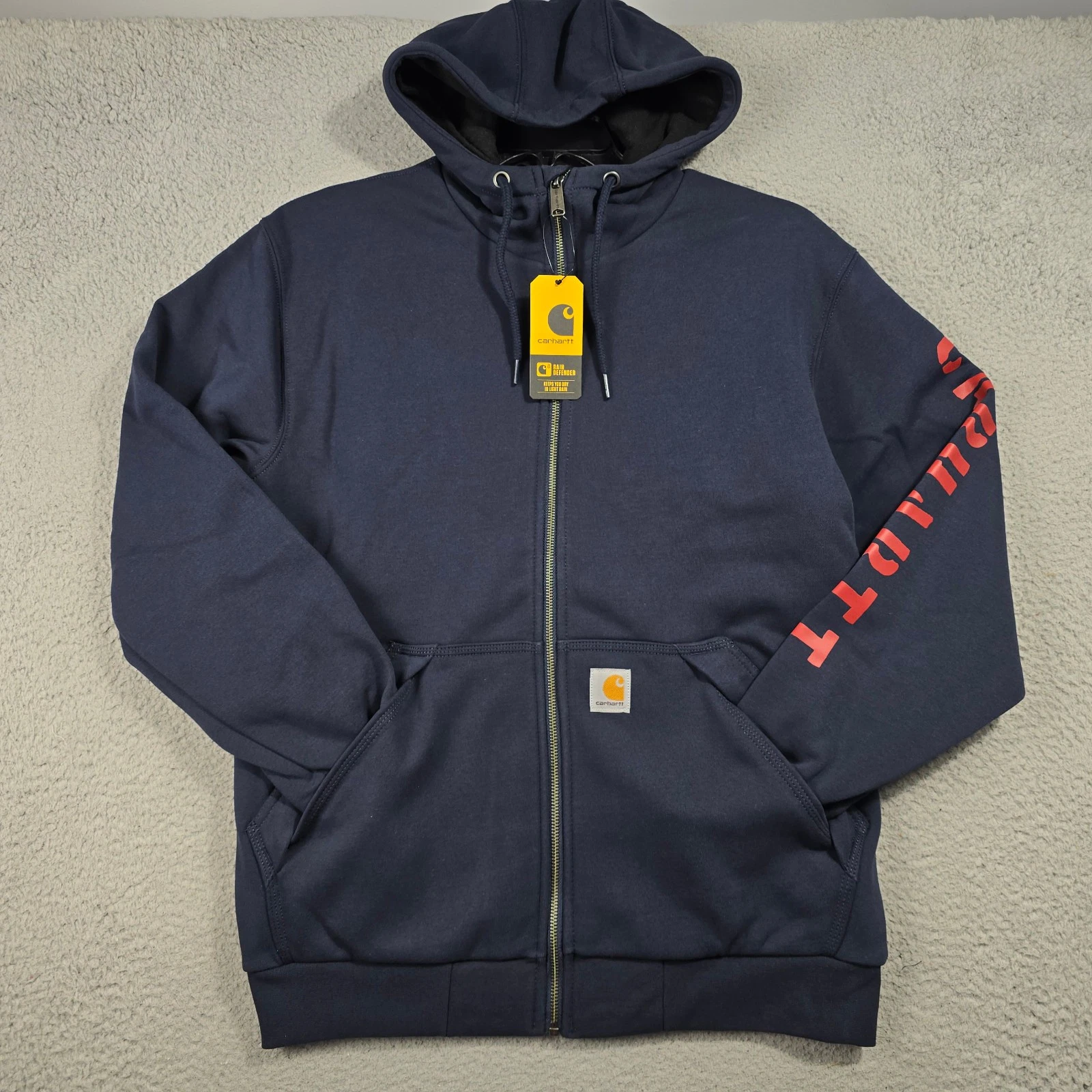 Carhartt Sweater Small Blue Red Mens Rain Outdoors Hoodie Full Zip Fleece NWT