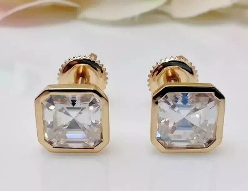 4Ct Asscher-Cut -Created Screw Back Bezel Stud Earring Solid REAL SILVER Yellow - Picture 5 of 6