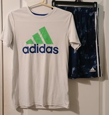 Adidas/2pc Outfit Set/Unisex Youth/L 14-16/White Blue/Camo Shorts Logo
