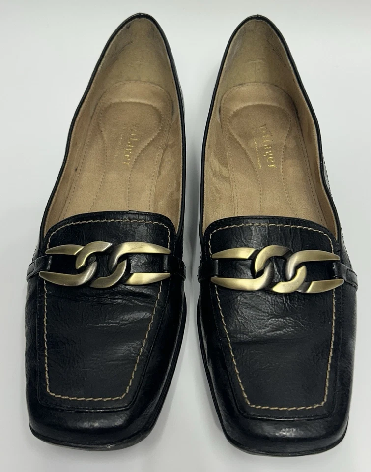Mocasín Vintage y2k Clásico Cadena Oro Negro Talla 8 Antiguo Dinero Academia Cuadrado  Foto 2 de 4