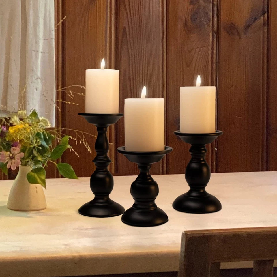 Black Pillar Candle Holders Set of 3, Vintage Candle Holder for Table Centerp... - Image 2 of 4