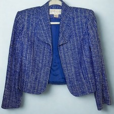 Doncaster Women's Cropped Blazer Sz 6 Blue White Silk Tweed Boucle Open Jacket