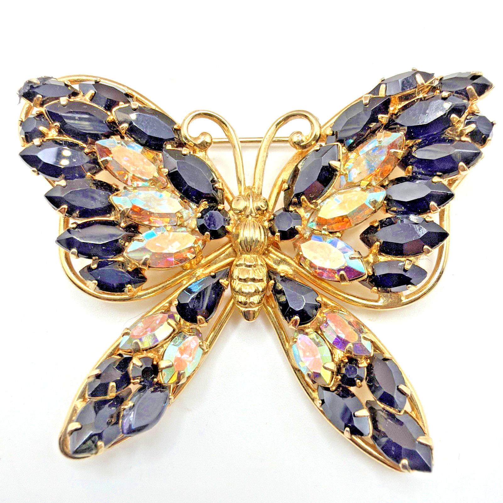 Vintage Black & Iridescent Butterfly Brooch Gold Toned