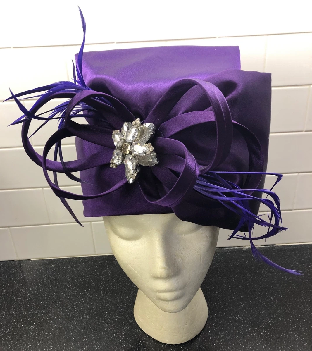 Vintage Derby Lloyd Purple 100% Wool Hat Sequin Wedding Church Mesh‎ Bow NWT Purple Flower Fascinator Derby Church Hat, Big Crinoline Bow  main image 4
