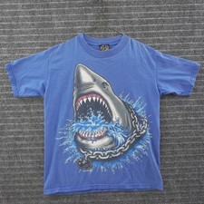 Vintage 90s Maui and Sons T-Shirt Boys L Blue Shark Graphic Surf Tee