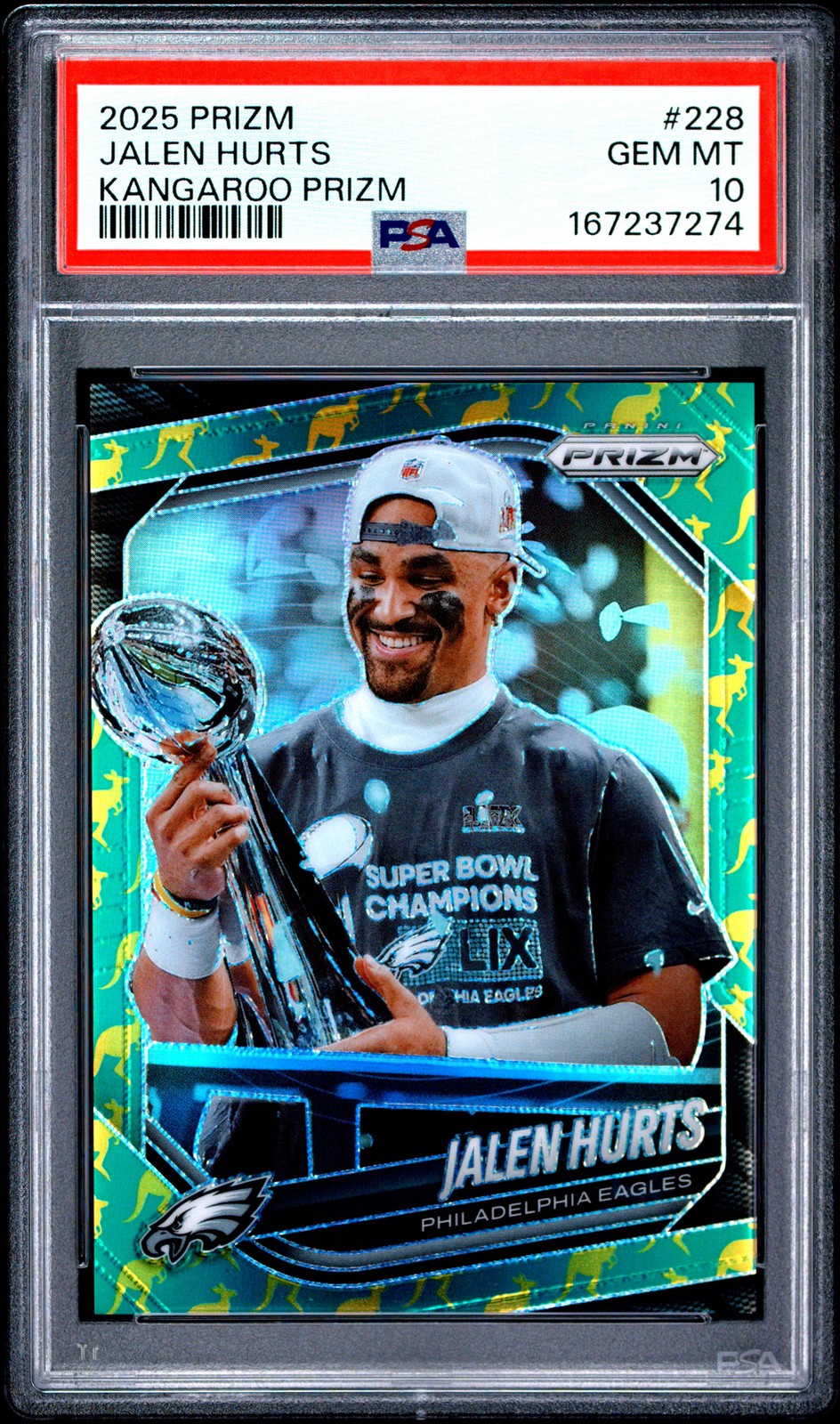 2025 PANINI PRIZM KANGAROO PRIZM #228 JALEN HURTS 21/61 PSA 10