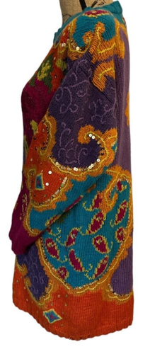 Vtg Jennifer Reed Sweater L Hand Knit Embellished Paisley Sequins Bold ...