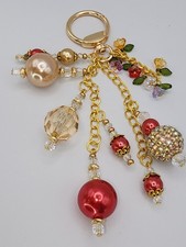 Handmade Gold Beaded Floral Purse Charm/Keychain Red/Champagne/w/Flowers