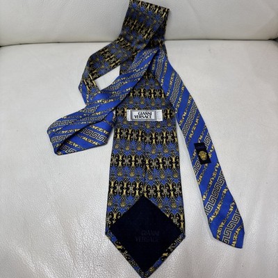GIANNI VERSACE silk tie Medusa Baroque print GOLD/BLUE EXCELLENT RARE!!! ITALY