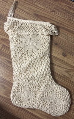 Vintage Crochet Knit Christmas Stocking 19  Retro Granny Boho Ruffle Snowflake