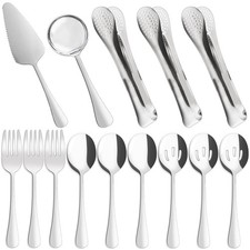 14 Pieces Serving Utensils Large Spoons Slotted Spoon Forks Tongs Stainless S...