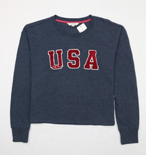Lucky Brand Womens USA Embroidery Sweatshirt Heathered Navy M Cropped