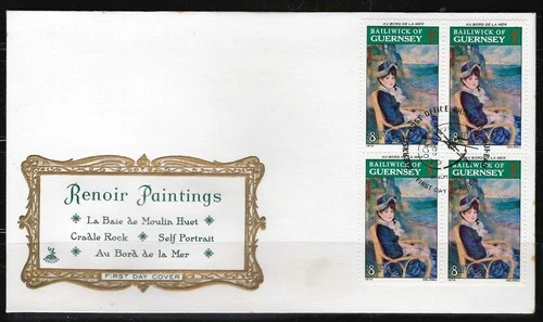 1¢ WONDER'S~ RENOIR PAINTINGS AU BORD DE MER TOPICAL GUERNSEY BLK4 FDC 1974 ~F21