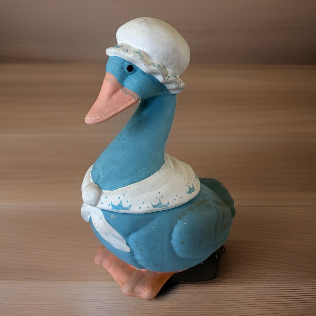 Goose Duck Ceramic Cookie Jar Bonnet Hat Shawl Hand Painted Blue