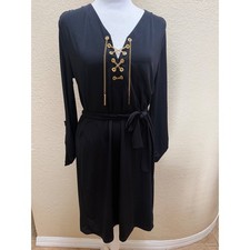 Michael Michael Kors Black Chain Lace Up Dress Long Sleeve Belted M