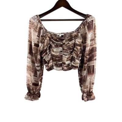 Women s Rabbit Rose Large Brown & White Newspaper Patterned Cropped Blouse