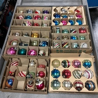 Vtg Lot Of 69 Christmas Ornaments Shiny Brite USA Stripe Mica Indent Bells Balls