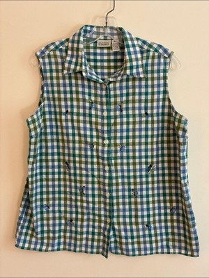 Classic Elements Green, Blue & White Gingham Sleeveless Button-Front Top
