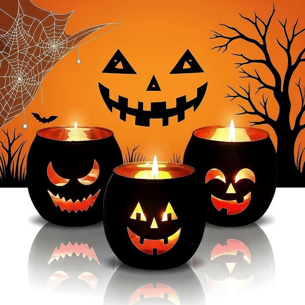 Kerzenhalter Halloween 3 StüCk Teelichthalter Schwarz Glas Mit Gravur Tischdeko-image