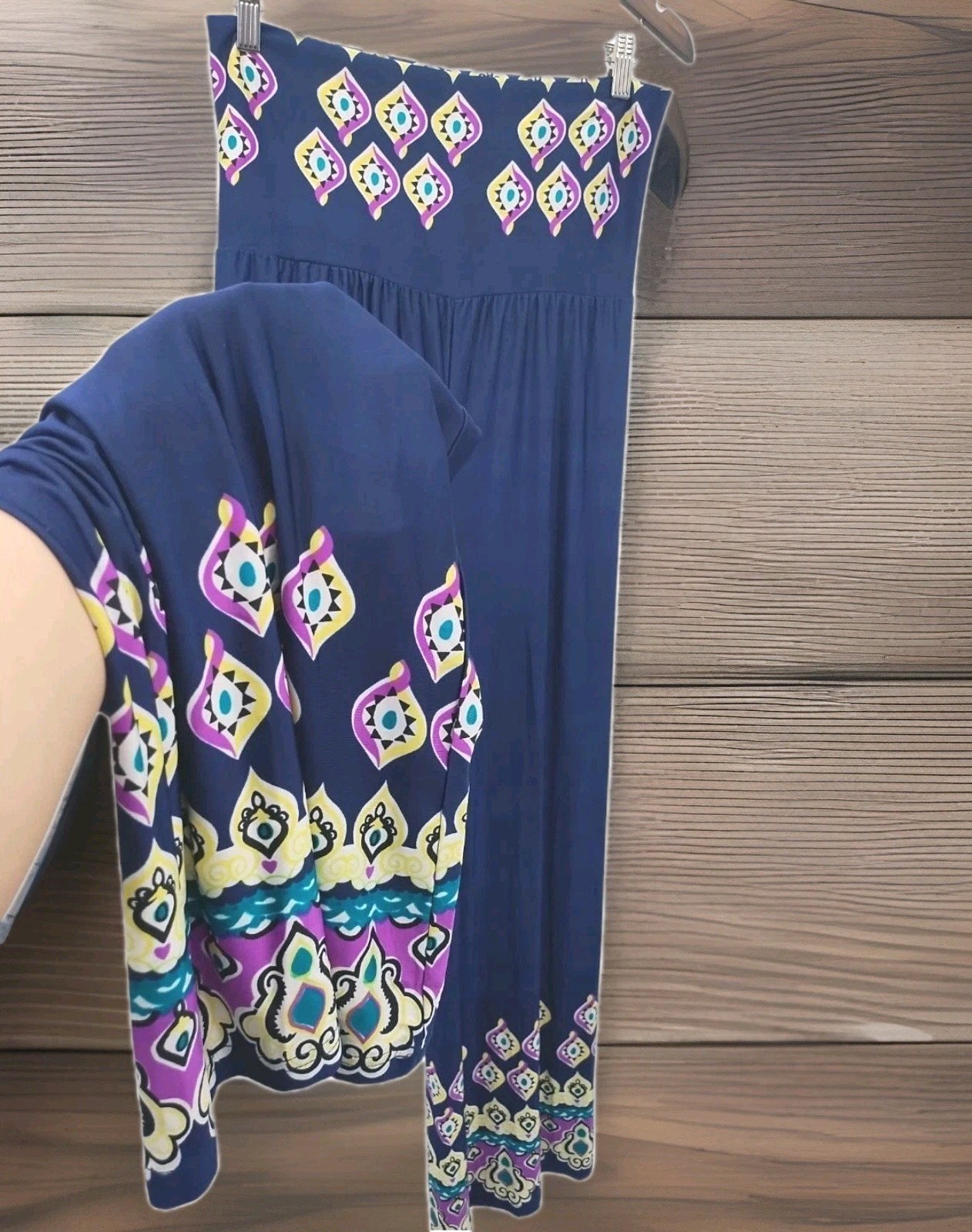 Boho Stretch Palazzo Pants with Elastic Waist in Blue Print Size XL