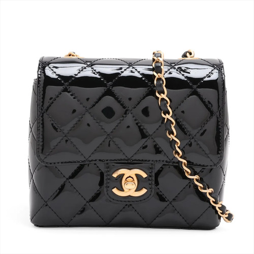 Chanel Mini Matelasse Patent Leather Single Flap Single Chain Bag Black Gold Met