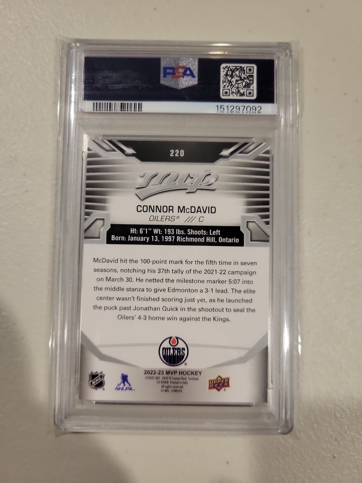2022 Upper Deck MVP Silver Script #220 Connor McDavid PSA 9 view 2