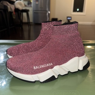 Balenciaga Women Speed Sock Trainer Pink Glitter White Black Runner Sneakers 36