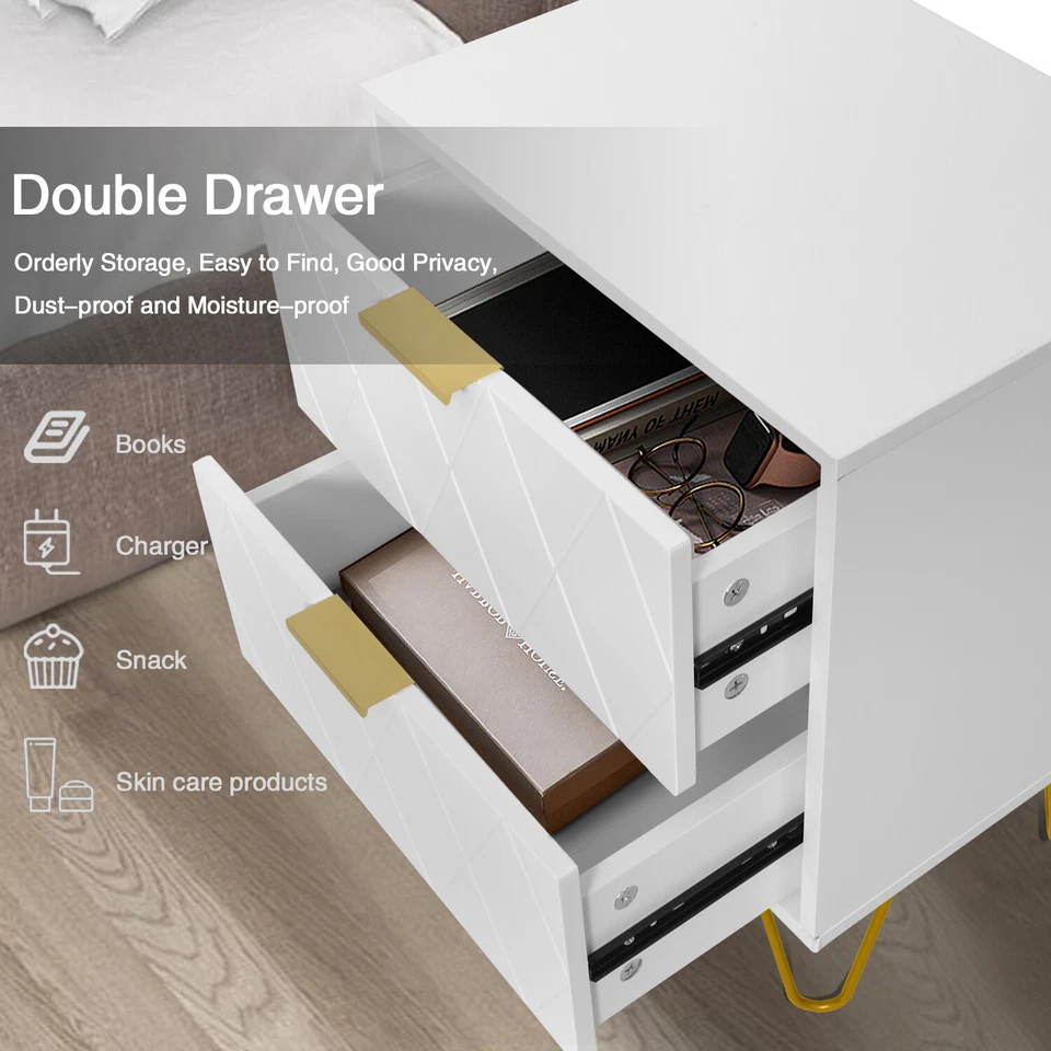 2 Drawer Nightstand Set of 2 End Side Table Bedside Metal Legs Bedroom Living - Изображение 3 из 4