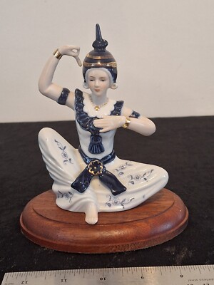 Vintage Blue, White & Gold Porcelaine Figurine Thai Temple Dancer - 14cm x 9 cm