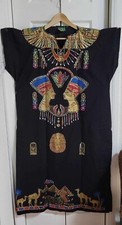 Horus Vintage Egyptian kaftan Robe, Black/ Gold Nefertiti/ Tutankhamun Design L