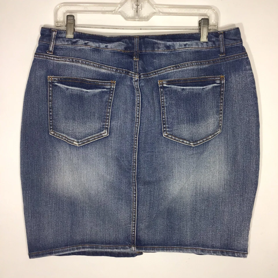 Faded Glory Denim Pencil Skirt Stretch Blue Distressed Front Slit Womens Size 16 - Image 2 of 4
