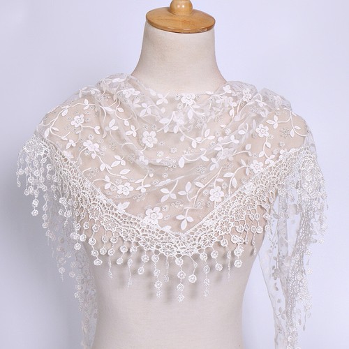 Womens Lace Floral Print Triangle Veil Church Mantilla Scarf Shawl Wrap Tassel - Picture 27 of 68