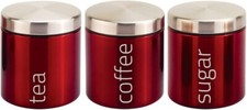Set of 3 Metallic Red Tea Coffee Sugar Kitchen Storage Canisters Jars Pots
