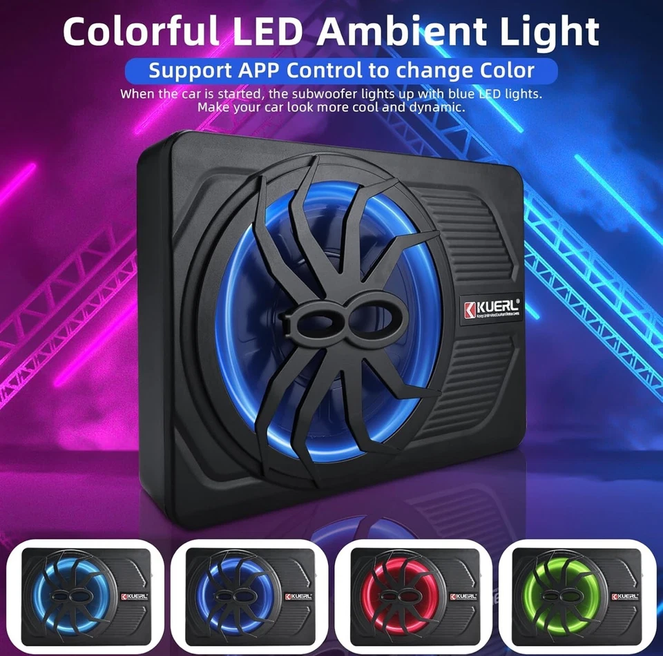 800W Slim Under Seat Car Subwoofer with Built-in Amplifier and Multi-Colors LED - Image 3 of 4
