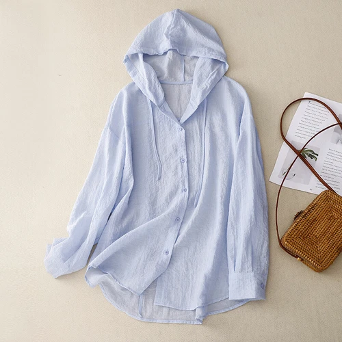 Cardigan camicia donna cotone lino casual con cappuccio bottoni manica lunga traspirante - Foto 10 di 18