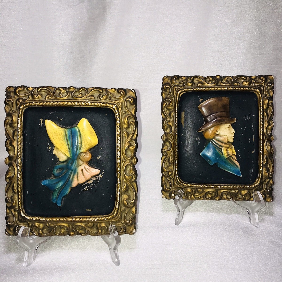 2 Vintage Chalkware Silhouette Plaques Sculptures 1800s Man Woman