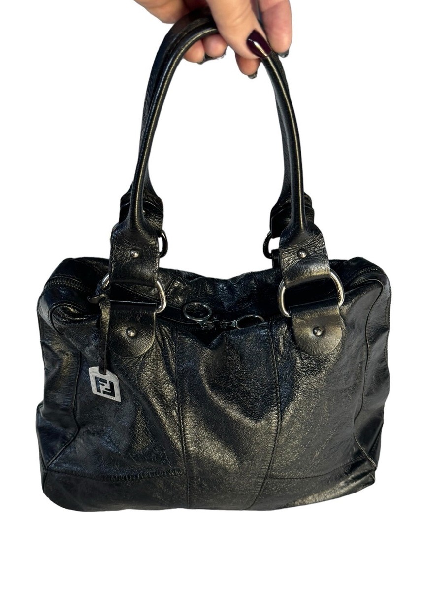 Vintage Fendi Black Leather Top Handle Zip Shoulder Bag | eBay