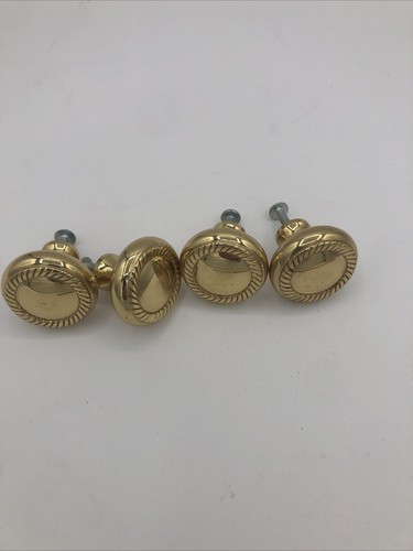4 Vintage Gold Tone Brass Door Knobs Cabinet Drawer Pulls Heavy Round Shiny