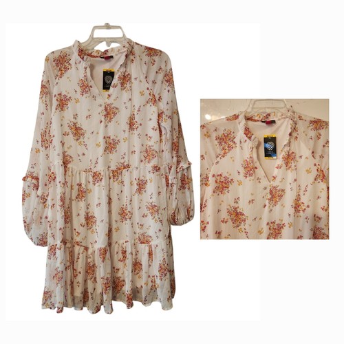 Vince Camuto White Floral Dress Womens Medium Pink Gold Tiered Flowy Ruffled NWT - 第 1/9 張圖片