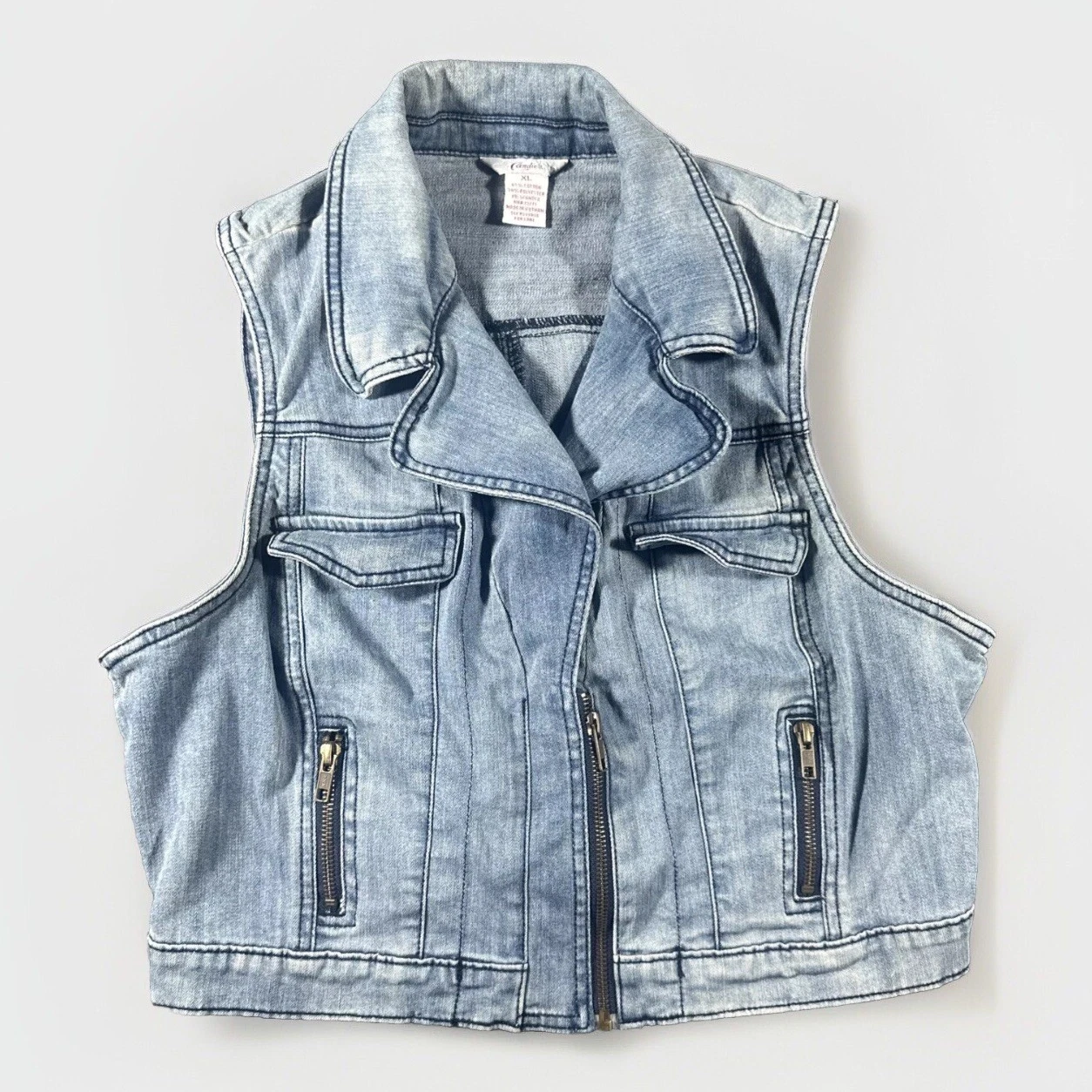 VTG Candies Y2K Denim Moto Vest XL Blue 90s Zip Britney Spears Lace Flip Stretch
