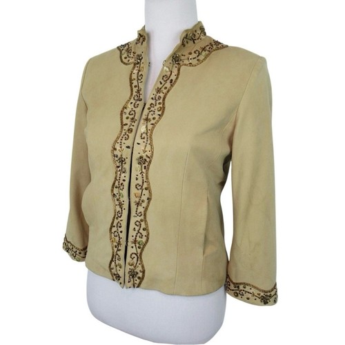 COLE HAAN Tan Suede Beaded Cropped Jacket 3/4 Sleeve Women’s Size Small - Picture 13 of 14