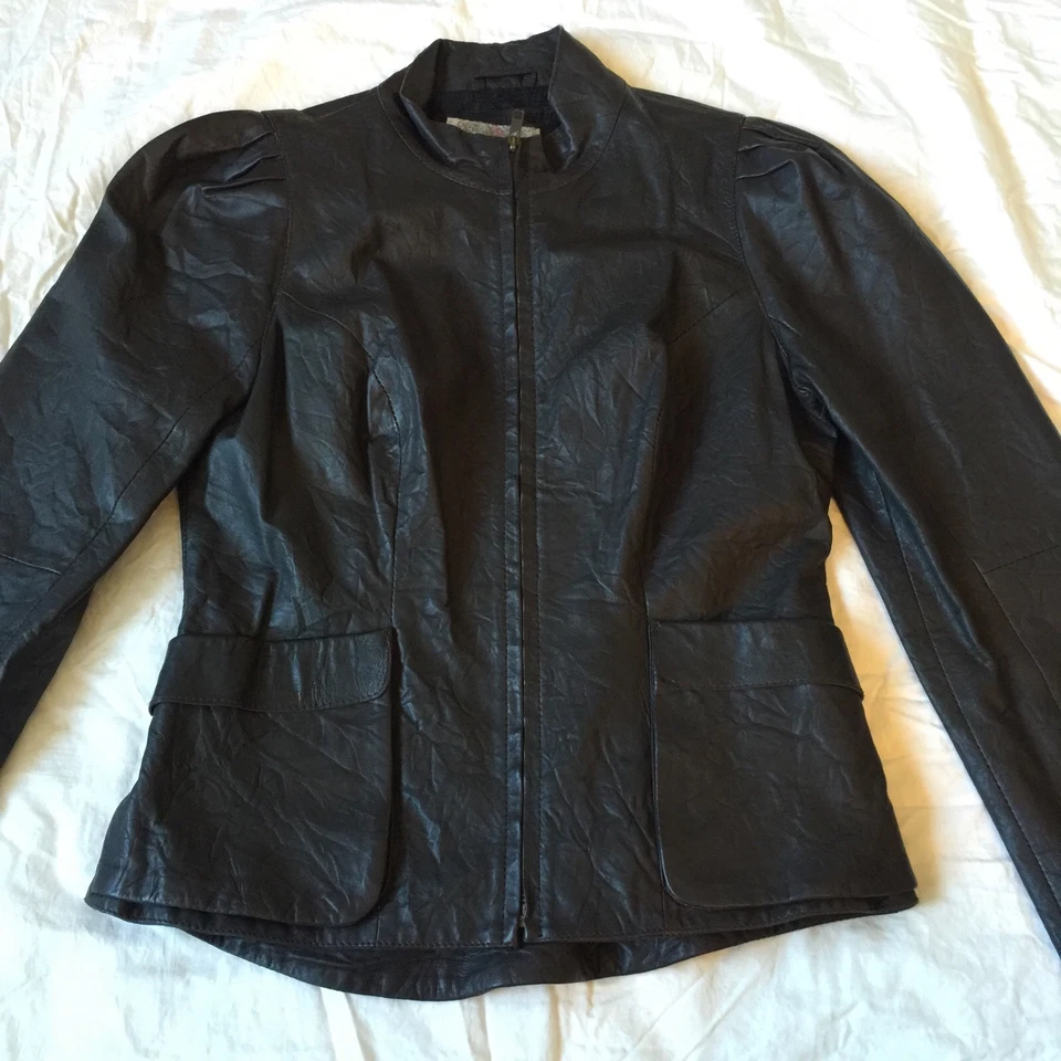 Abrigo Chaqueta Retro Mediano Cuero Ecote Marrón Oscuro Manga Abullonada Foto 2 de 4