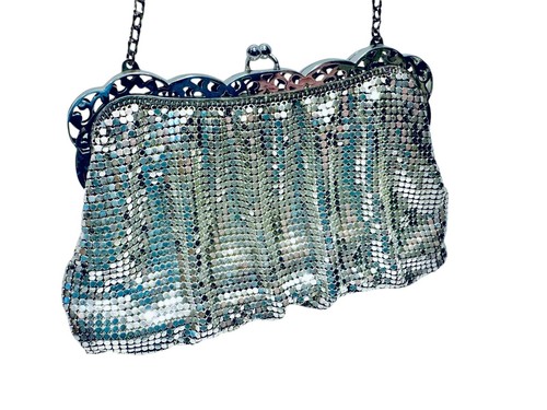 Whiting & Davis Vintage 60's Silver Mesh Filigree Framed Chain Strap Evening Bag - Picture 7 of 20