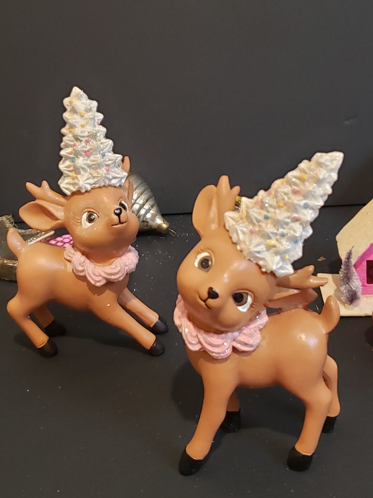Vintage Retro Inspired Christmas Reindeer w/ Pink Icing Collar & Candy Tree