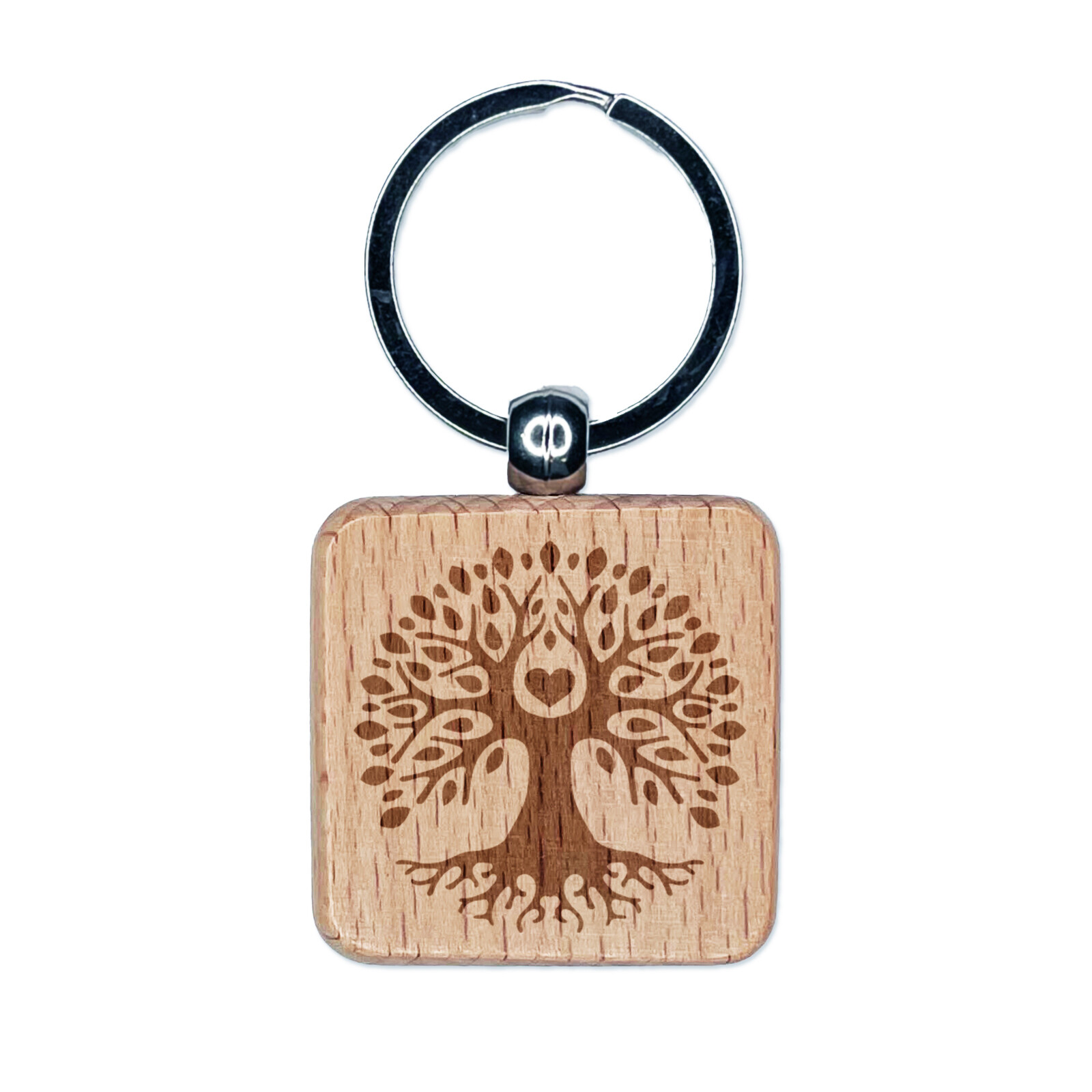 Tree of Life Heart Engraved Wooden Square Keychain Tag Charm  