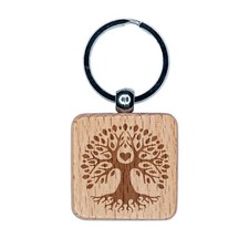 Tree of Life with Heart in Branches Engraved Wood Square Keychain Tag Charm