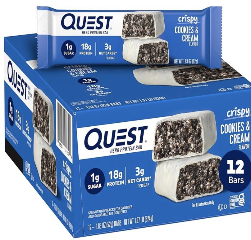 Quest Crispy Hero Protein Bars Crispy Cookies & Cream,Low Carb,Gluten Free 12 Ct